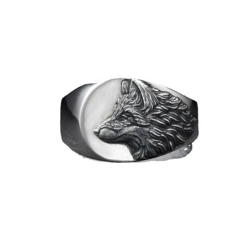 Men's geometric wolf head ring in silver alloy with retro styling