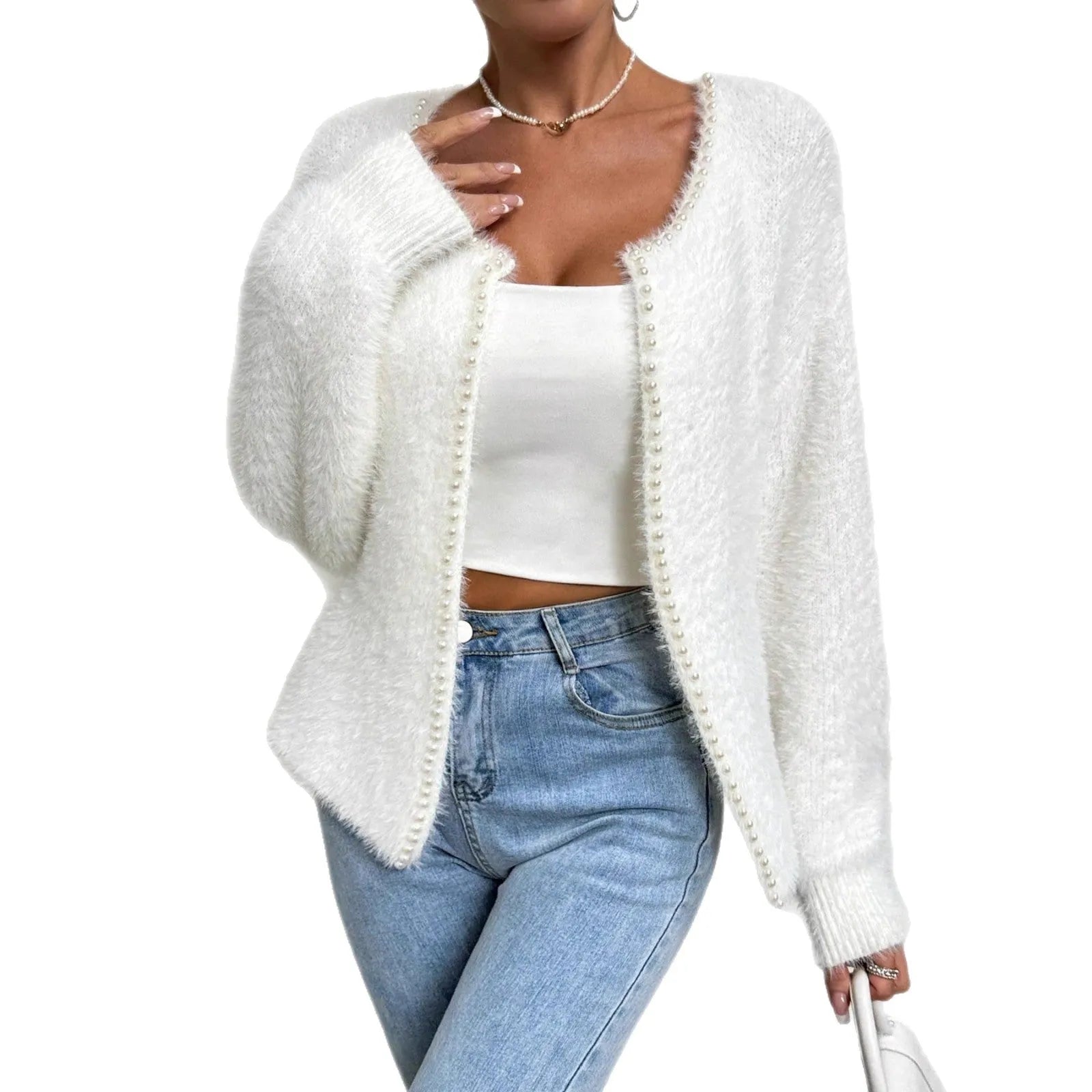 Women's white V-neck cardigan sweater made from polyester fabric.
