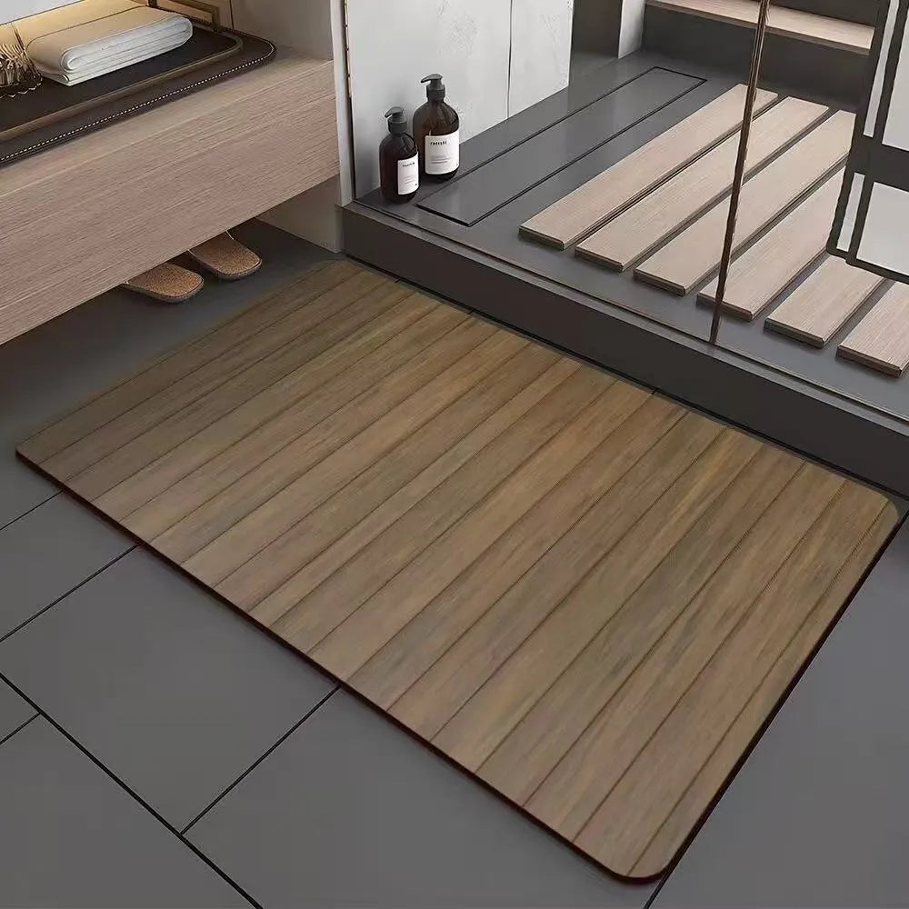 Square diatom ooze floor mat with geometric wood grain pattern in a shower room setting