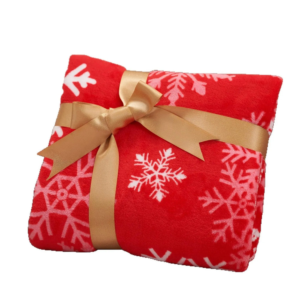 Polyester fibre Christmas blanket with soft flannel texture showing available size range from 70cm to 264cm wide