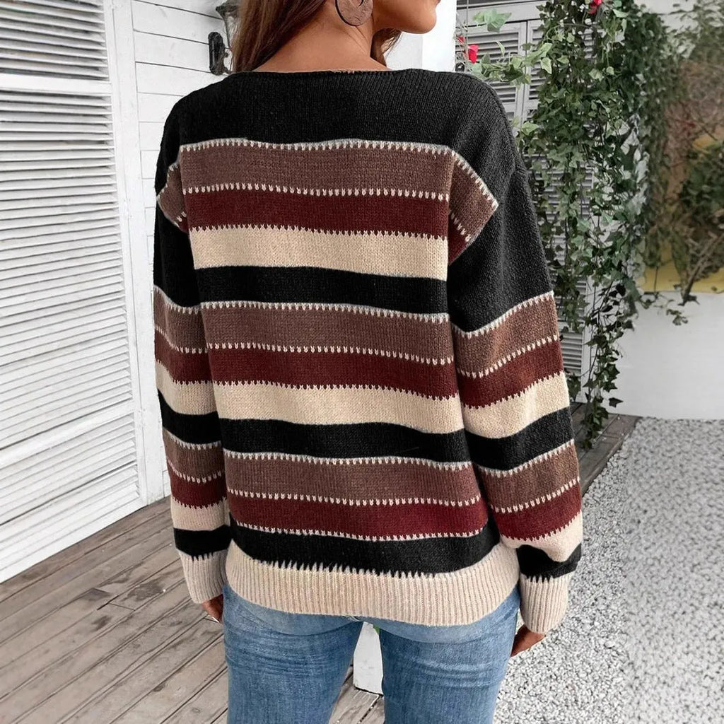 Women's striped colourblock pullover sweater in polyester, long sleeve casual top.