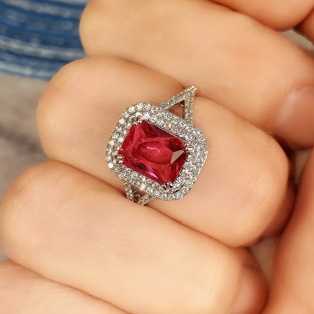 Copper square ring with red princess rhinestone for women, sizes 6-10.