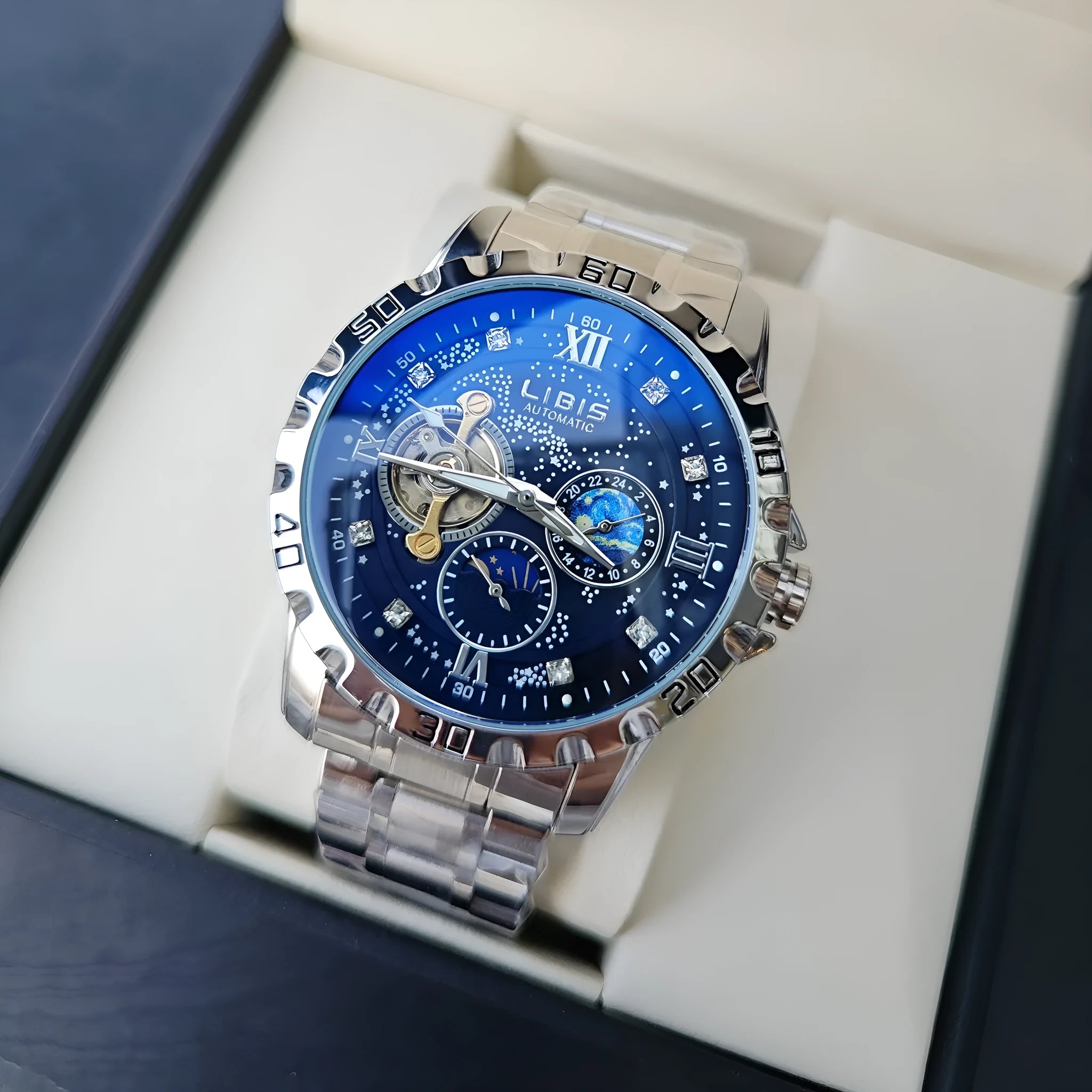 Men's automatic mechanical watch with starry dial, silver case, black genuine leather strap and transparent back