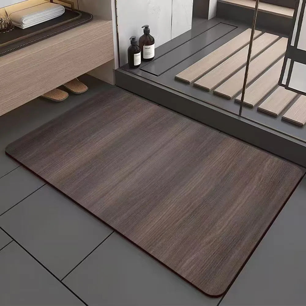 Square diatom ooze floor mat with geometric wood grain pattern in a shower room setting