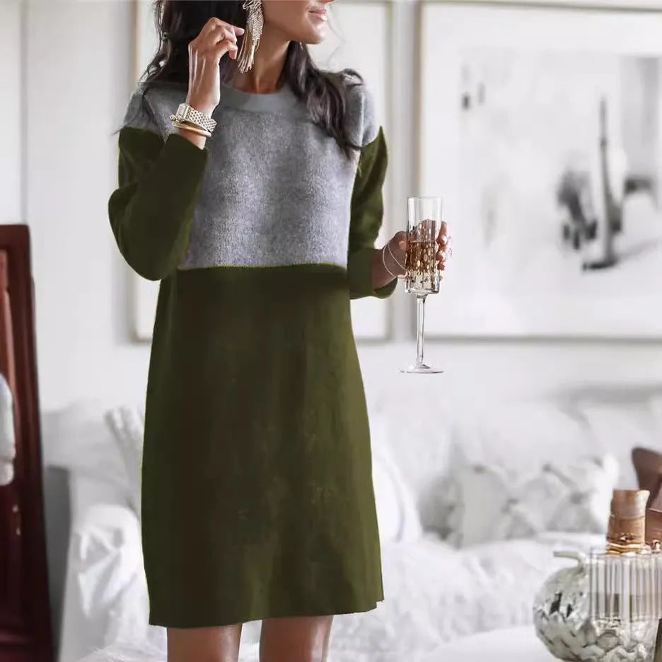 Brown women's patchwork skirt dress with long sleeves and loose round neck in cotton polar fleece fabric