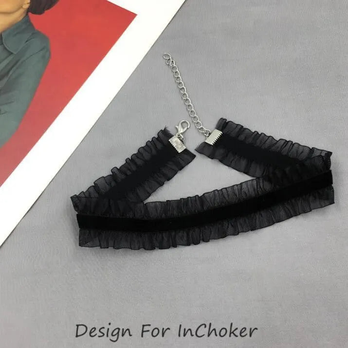 Velvet ruffle clavicle necklace with floral pendant and snake bones chain in three colour options