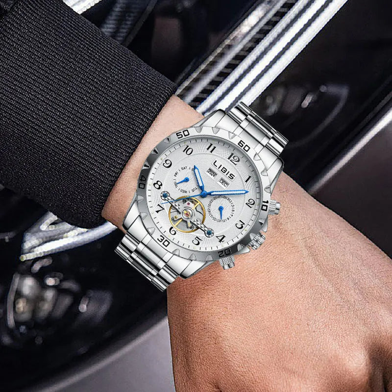 Men's silver automatic perpetual calendar mechanical watch with stainless steel strap and sapphire glass