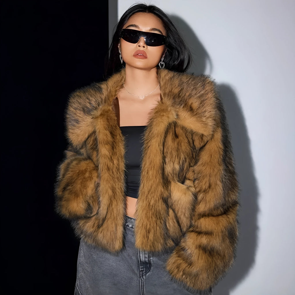 Black artificial fur coat with a large fur collar, shown in a short length style.