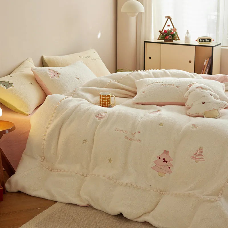 Winter milk fibre four-piece bed set with reactive printed green Christmas tree pattern on quilt cover and pillowcases