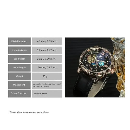 Men's automatic mechanical watch with large hollow black dial and rose gold case