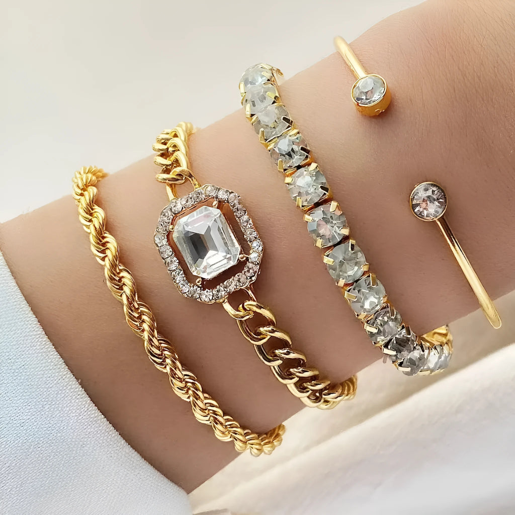 Retro geometric women's alloy bracelet set with square diamond charms in gold or silver metal chain design
