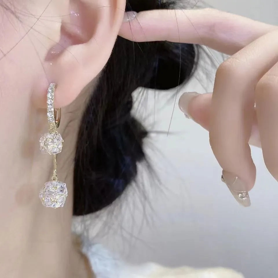 Silver confession balloon and tassel ball double pendant rhinestone drop earrings with ear clip fastening