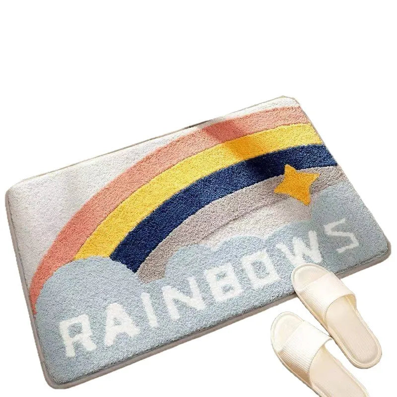 Square imitation cashmere floor mat with plastic bottom and rainbow pattern in sky sea colours