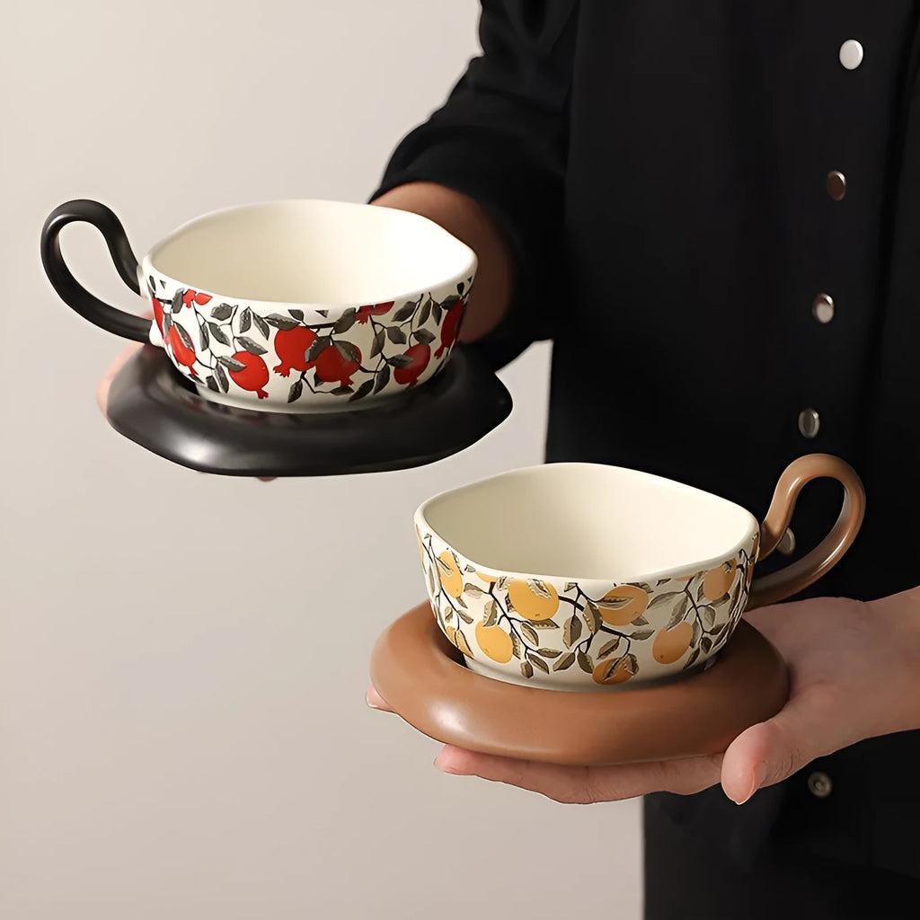 Antique style ceramic coffee cup and saucer set in black or orange with 210ml capacity