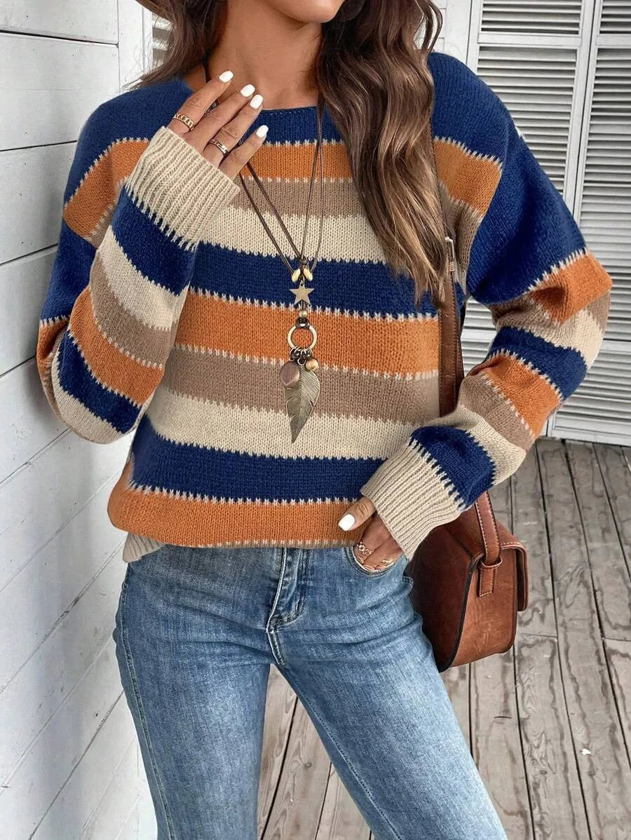 Women's striped colourblock pullover sweater in polyester, long sleeve casual top.