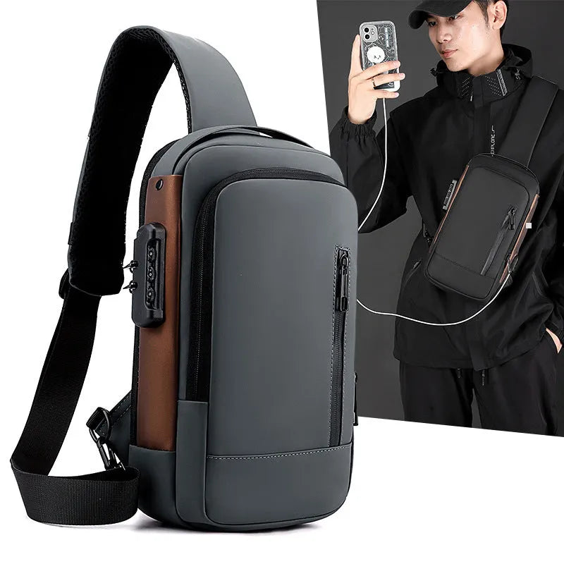 Anti-theft men's crossbody chest bag, nylon, 25 inch, lock feature, black grey blue black gold