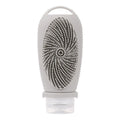 Silicone bath brush storage bottle in a choice of colours including pink and sea blue on a bathroom counter.