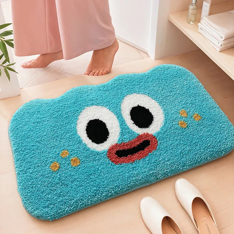 Cartoon anime print bathroom mat with cashmere-like texture on a tiled floor