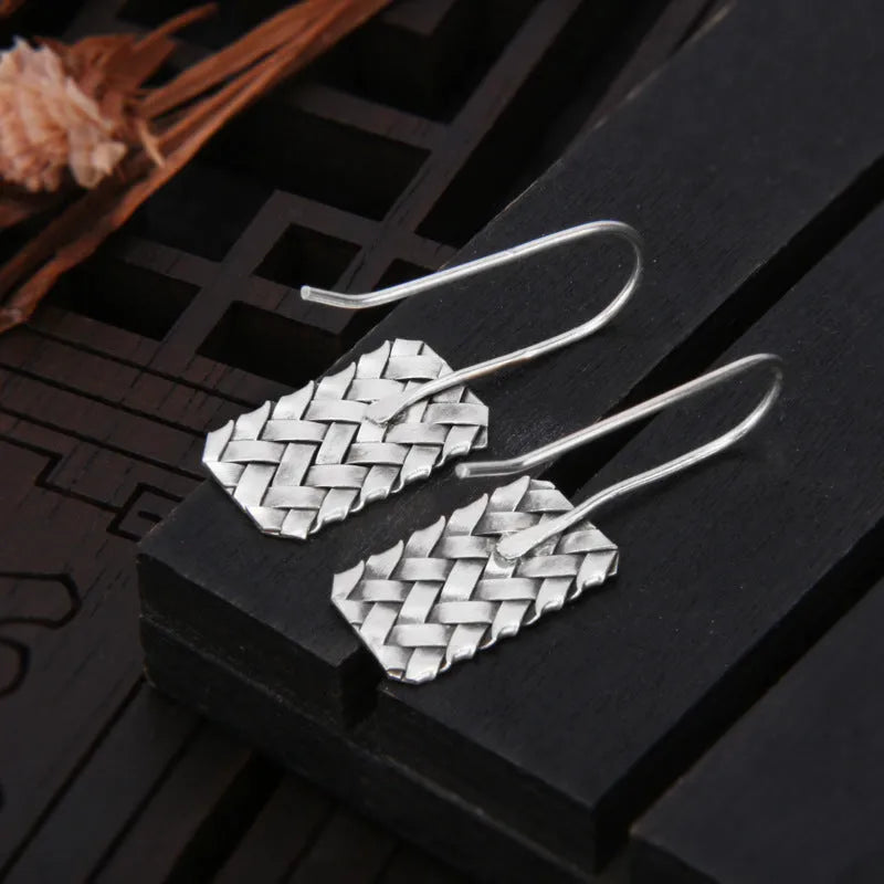 925 silver geometric diamond plaid earrings with woven pattern measuring 17.5mm x 11mm