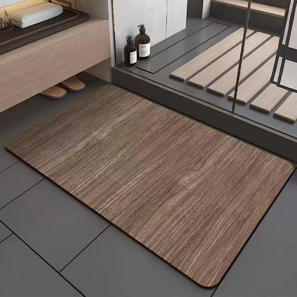 Square diatom ooze floor mat with geometric wood grain pattern in a shower room setting