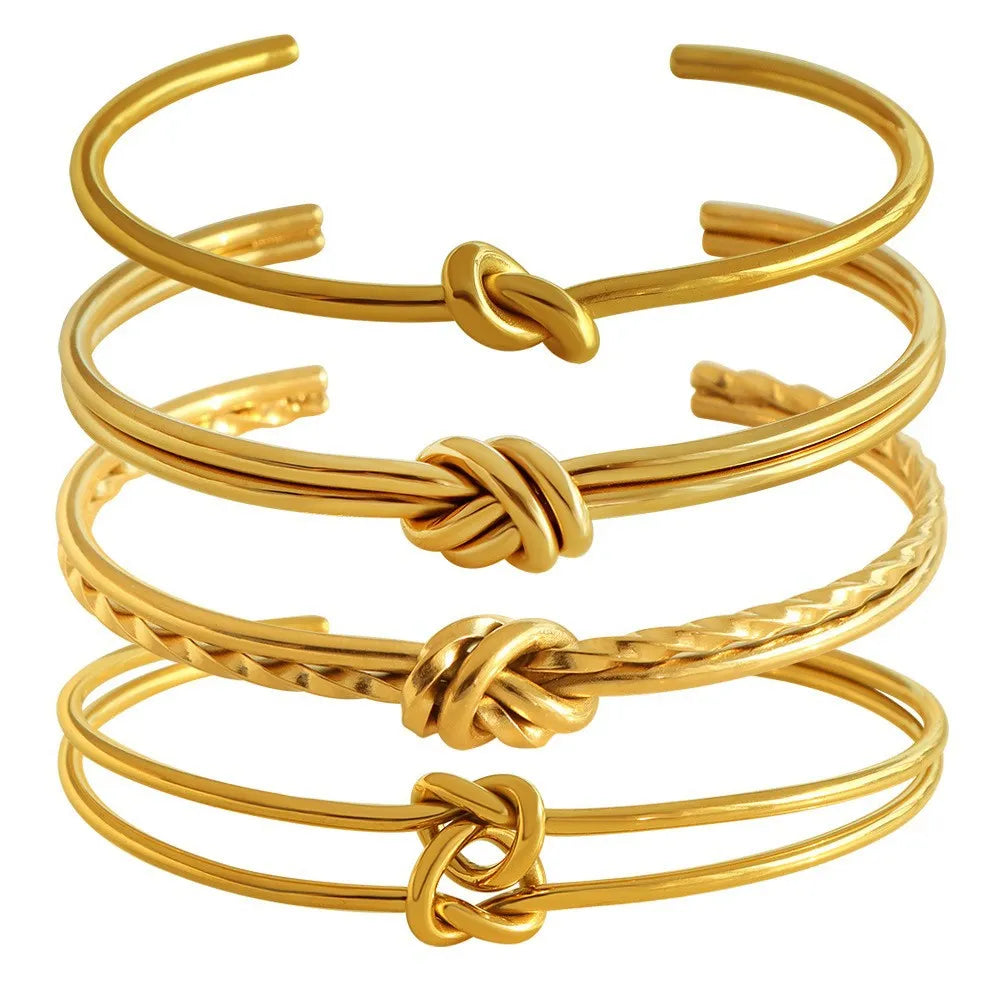 Adjustable double-layer knotted bracelet in gold or silver stainless steel with C-shaped open design