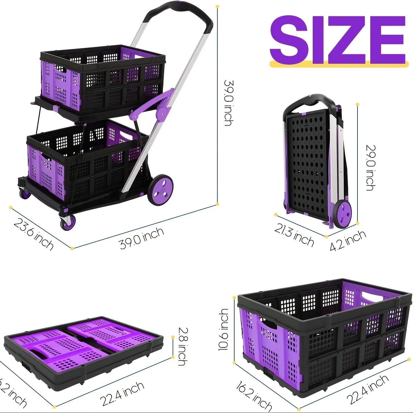 Foldable double basket shopping cart in blue, showing its two-layer design and collapsible frame.