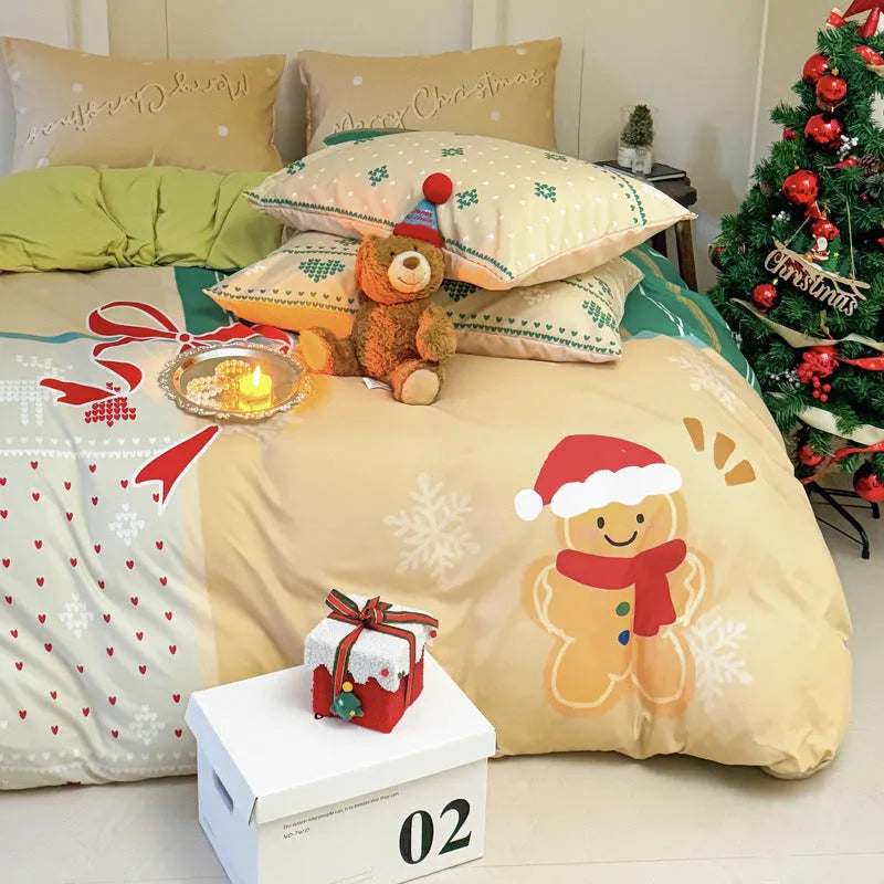 Christmas cartoon printed four-piece bedding set showing gingerbread man pattern on super soft washed cotton material