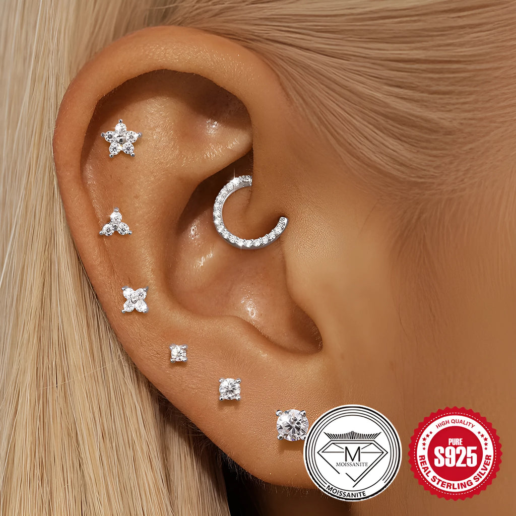 Platinum plated S925 sterling silver geometric petal stud earrings with debris-style designs