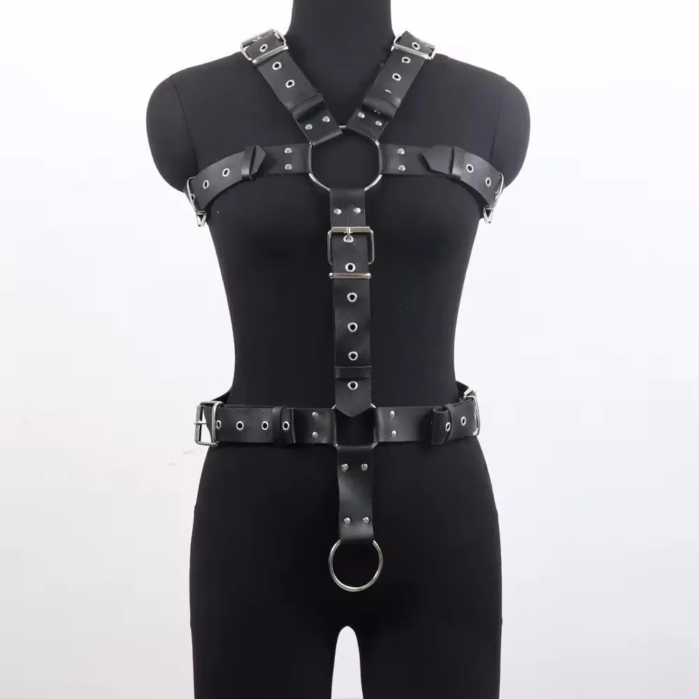 Black imitation leather bondage suit with thin straps and a pin buckle fastening.