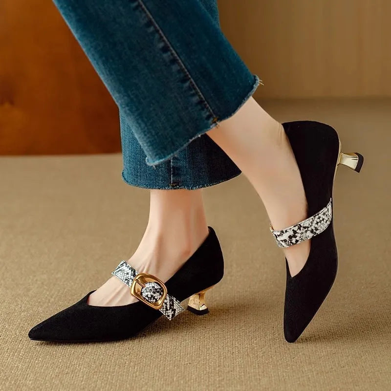 Black women's stiletto high heel shoes with pointed toe and buckle fastening