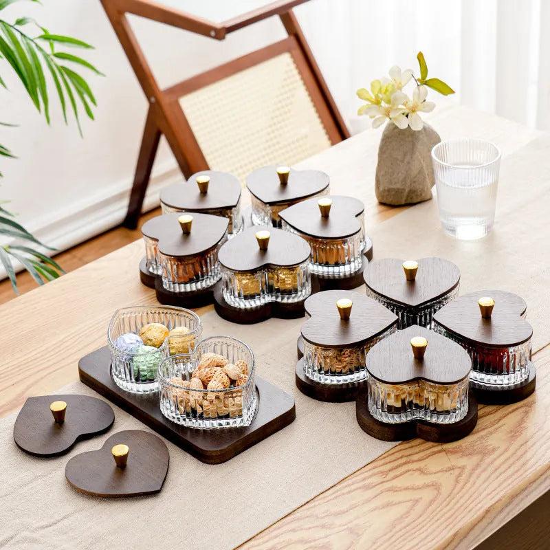 Glass snack platter with coloured glaze and transparent heart-shaped lids in retro style