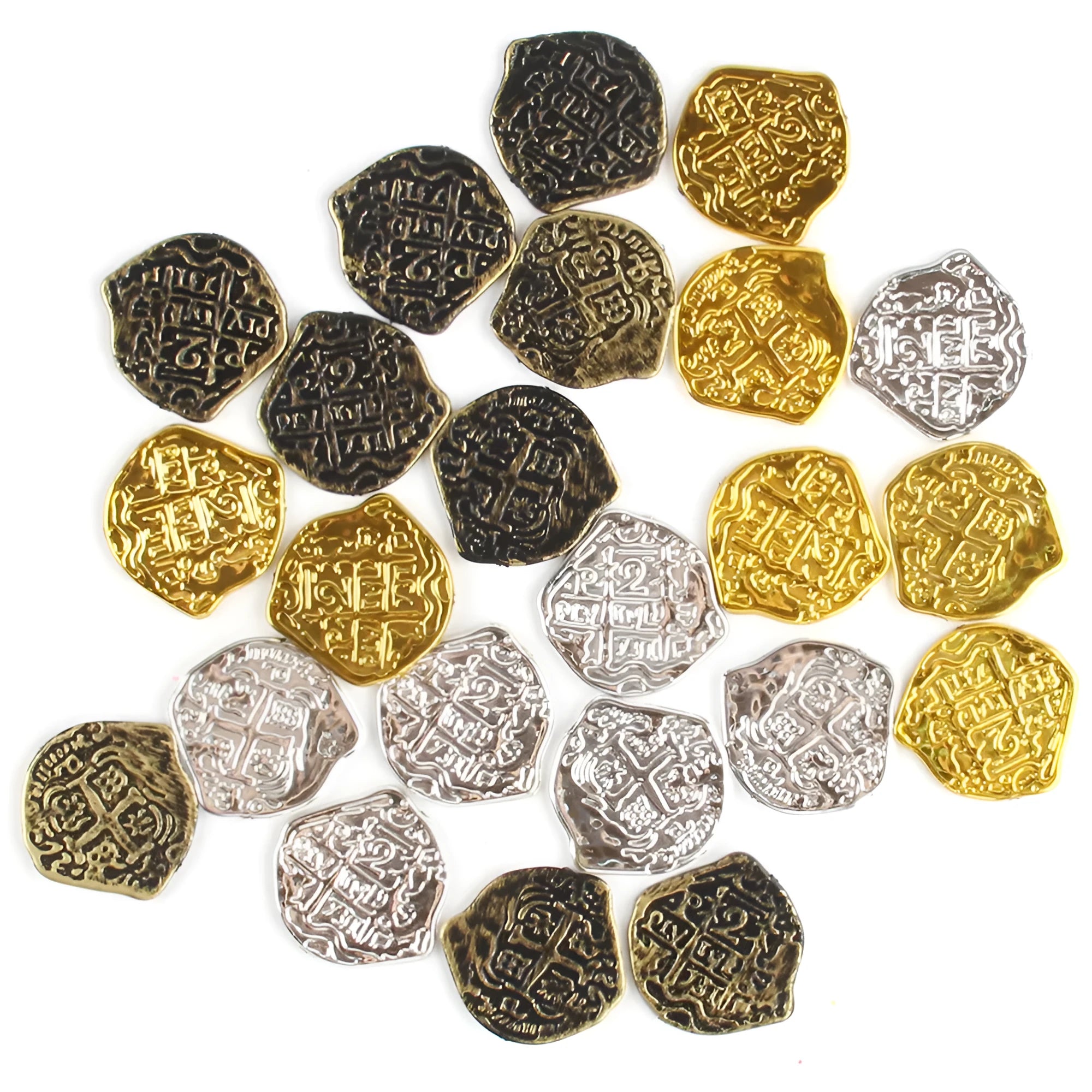 Doli set of 100 electroplated plastic Roman coins in bronze, gold, or silver finish.