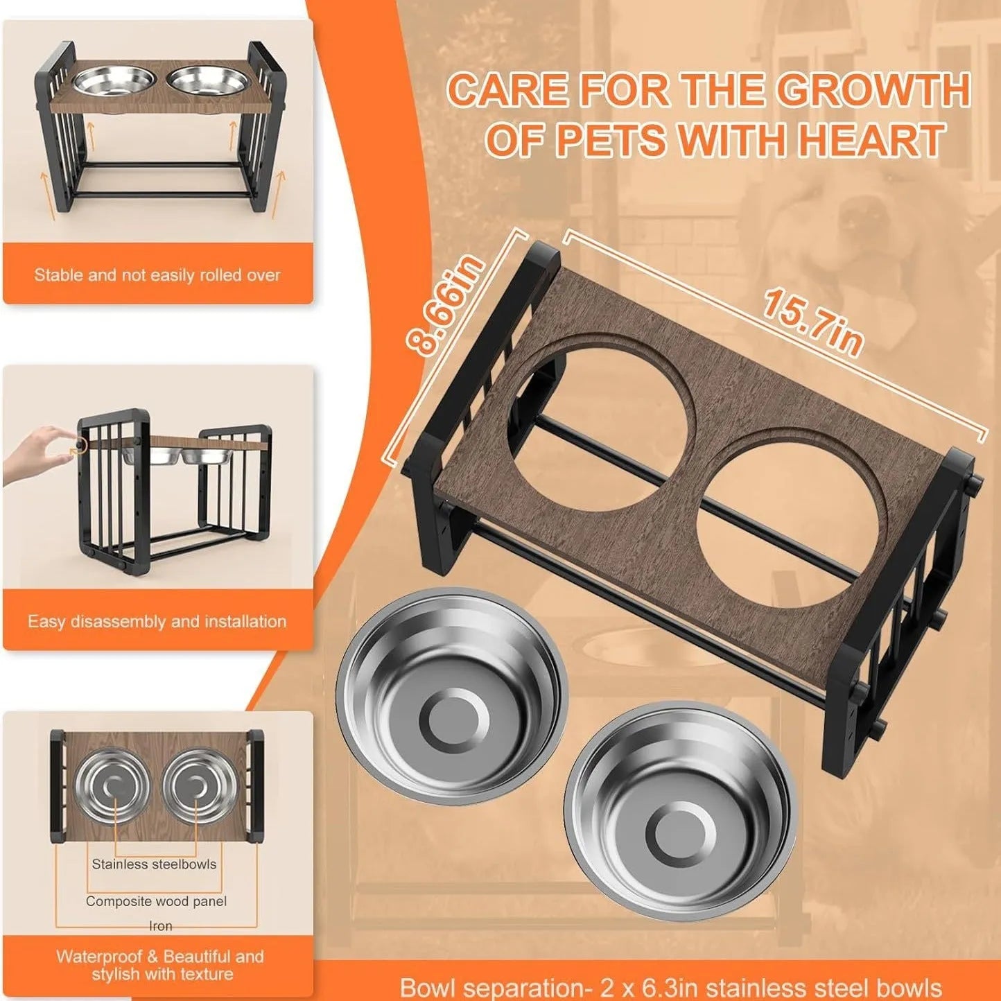 Black wooden dog bowl stand with non-slip brackets measuring 37x23cm
