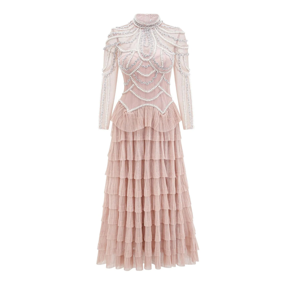Women's black long sleeve beaded formal dress with mid waist and full-length skirt.