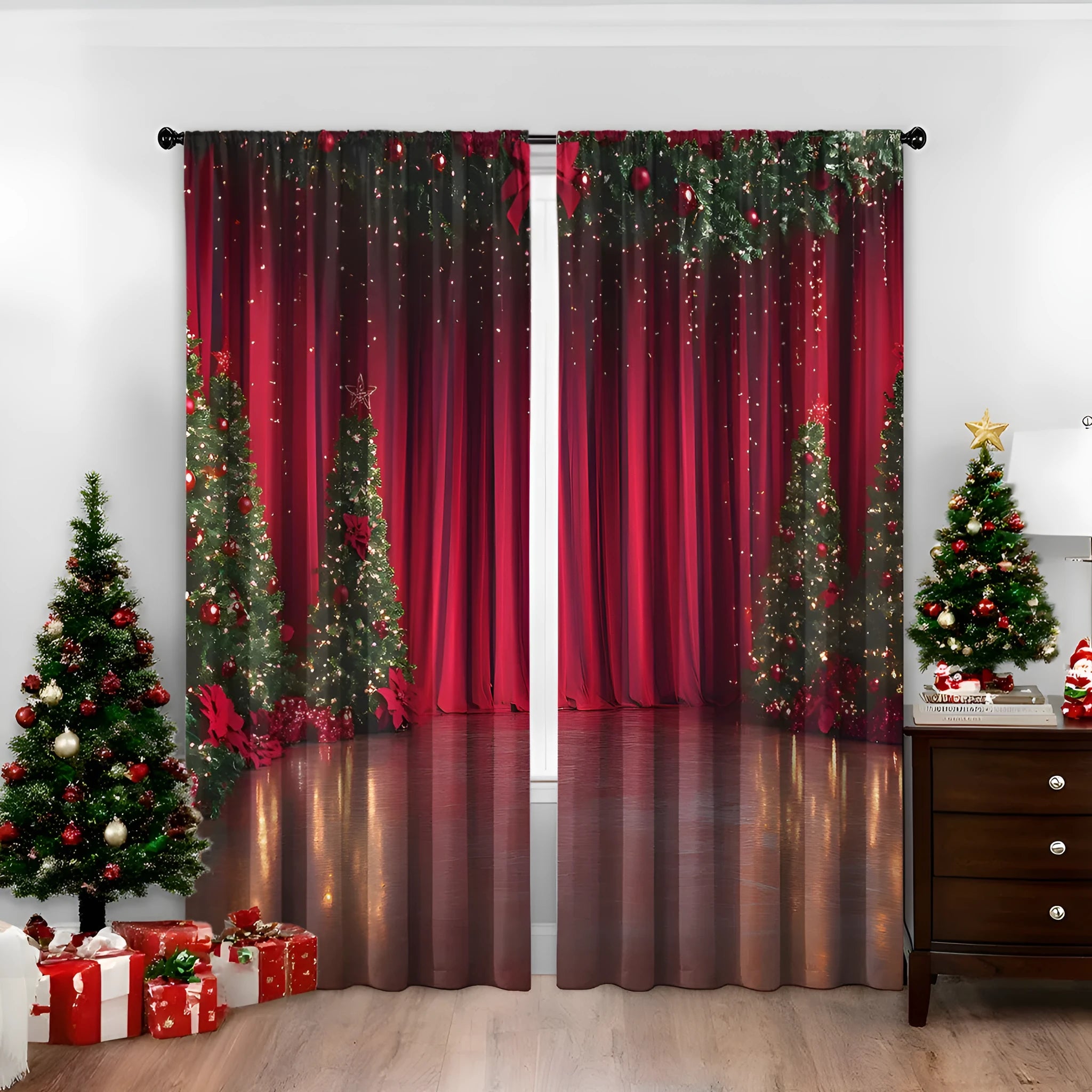 3D digitally printed Christmas curtains pair with European-style festive patterns on polyester fabric