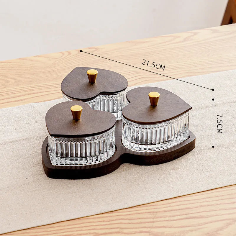 Glass snack platter with coloured glaze and transparent heart-shaped lids in retro style