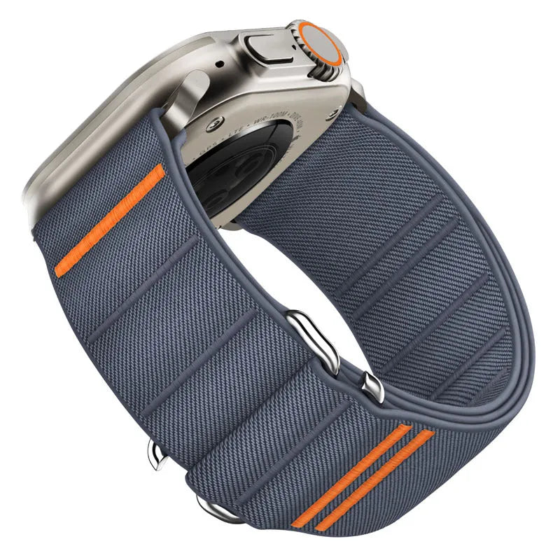 Elastic nylon Apple Watch replacement strap with stainless steel buckle in army green colour