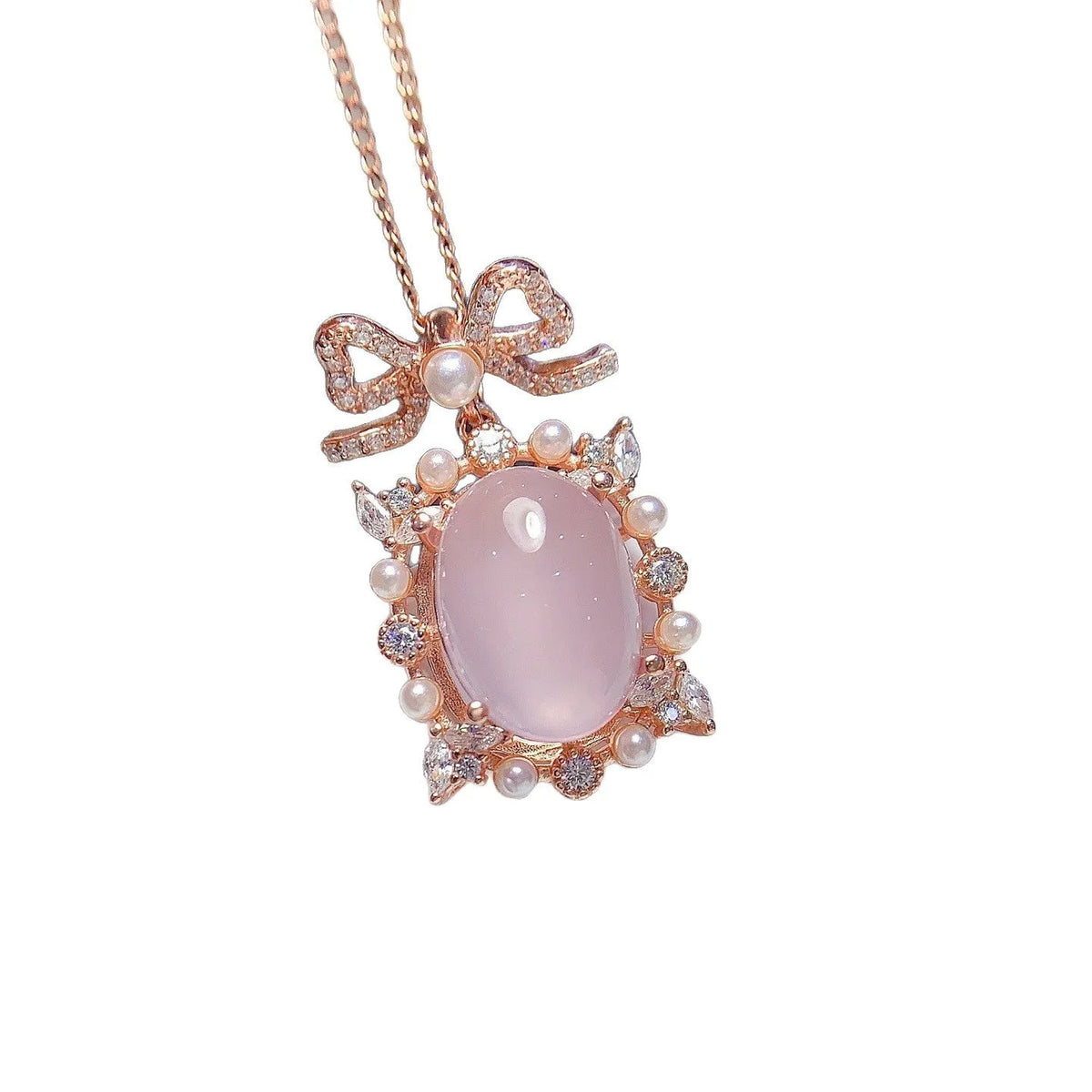 Geometric pendant necklace with pink crystal rose quartz, 925 silver, and rose gold plating
