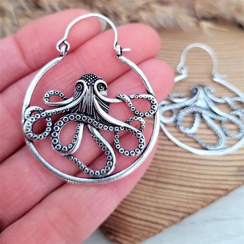 Vintage octopus earrings in antique silver finish with retro style animal design