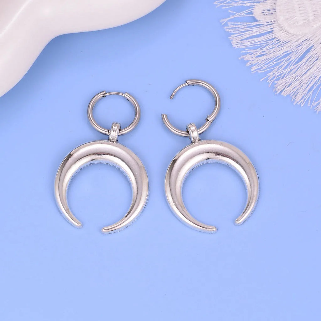 Silver geometric moon hoop earrings with punk-style ear clips, gothic lunar design on alloy base