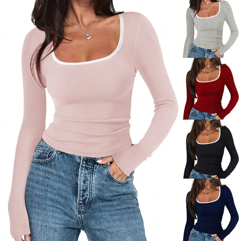 Women's slim fit cotton pullover top with square collar and long sleeves in light grey.