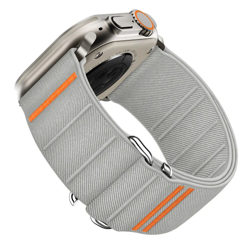 Elastic nylon Apple Watch replacement strap with stainless steel buckle in army green colour