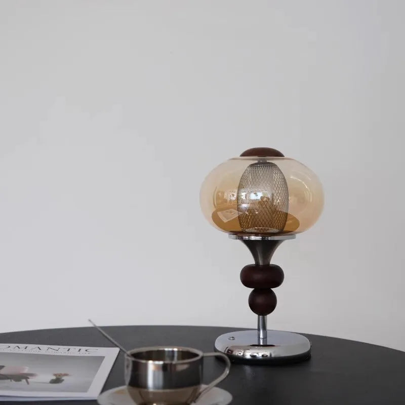 Zhonggu solid wood retro table lamp with touch dimming control and USB cable.