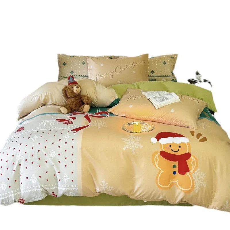 Christmas cartoon printed four-piece bedding set showing gingerbread man pattern on super soft washed cotton material