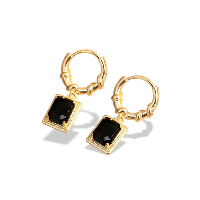 Pair of black zircon and copper geometric quadrilateral earrings in retro French Court style.