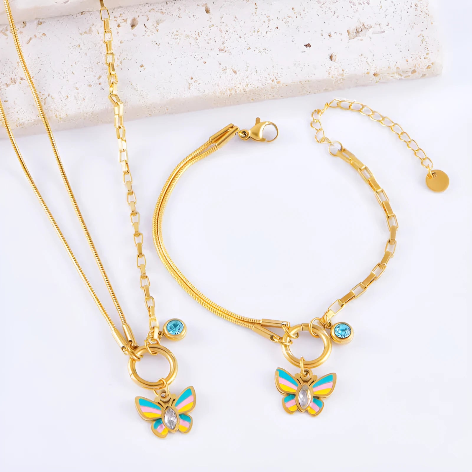 Gold titanium steel epoxy butterfly necklace and bracelet set with snake bones chain.