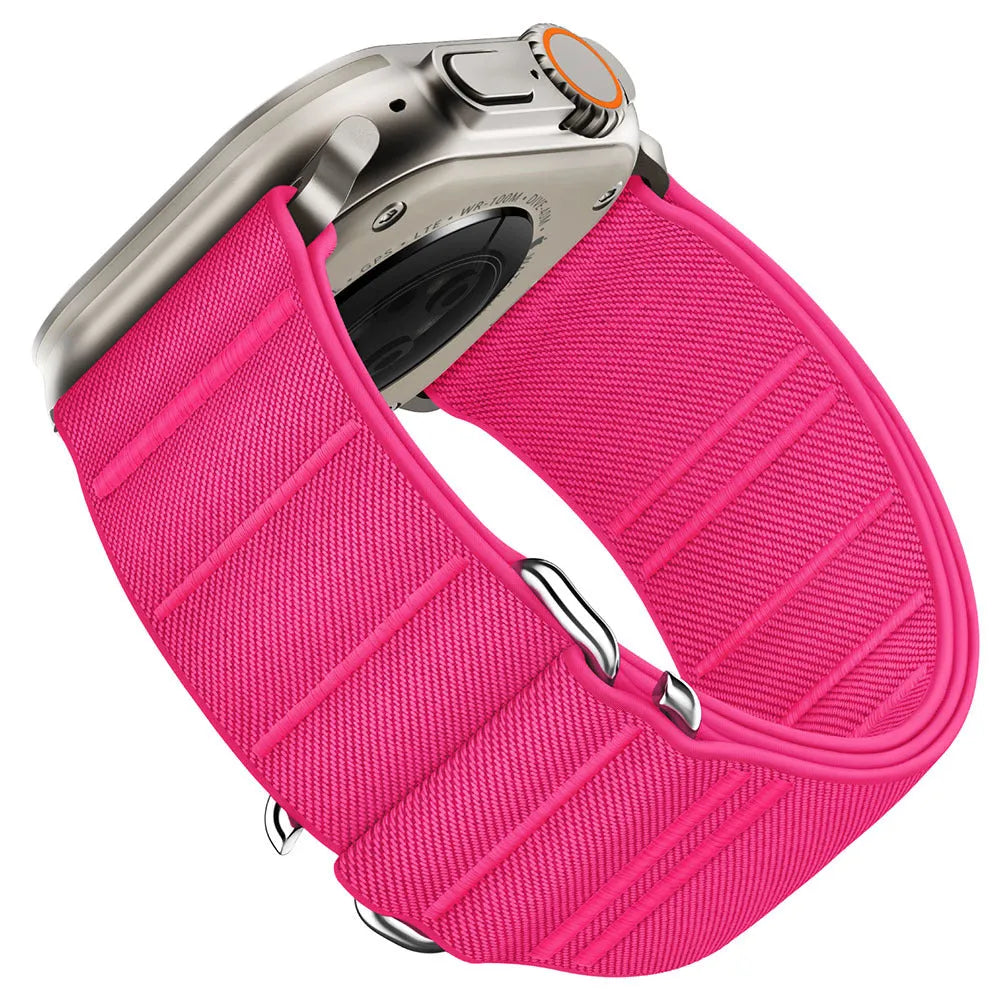 Elastic nylon Apple Watch replacement strap with stainless steel buckle in army green colour