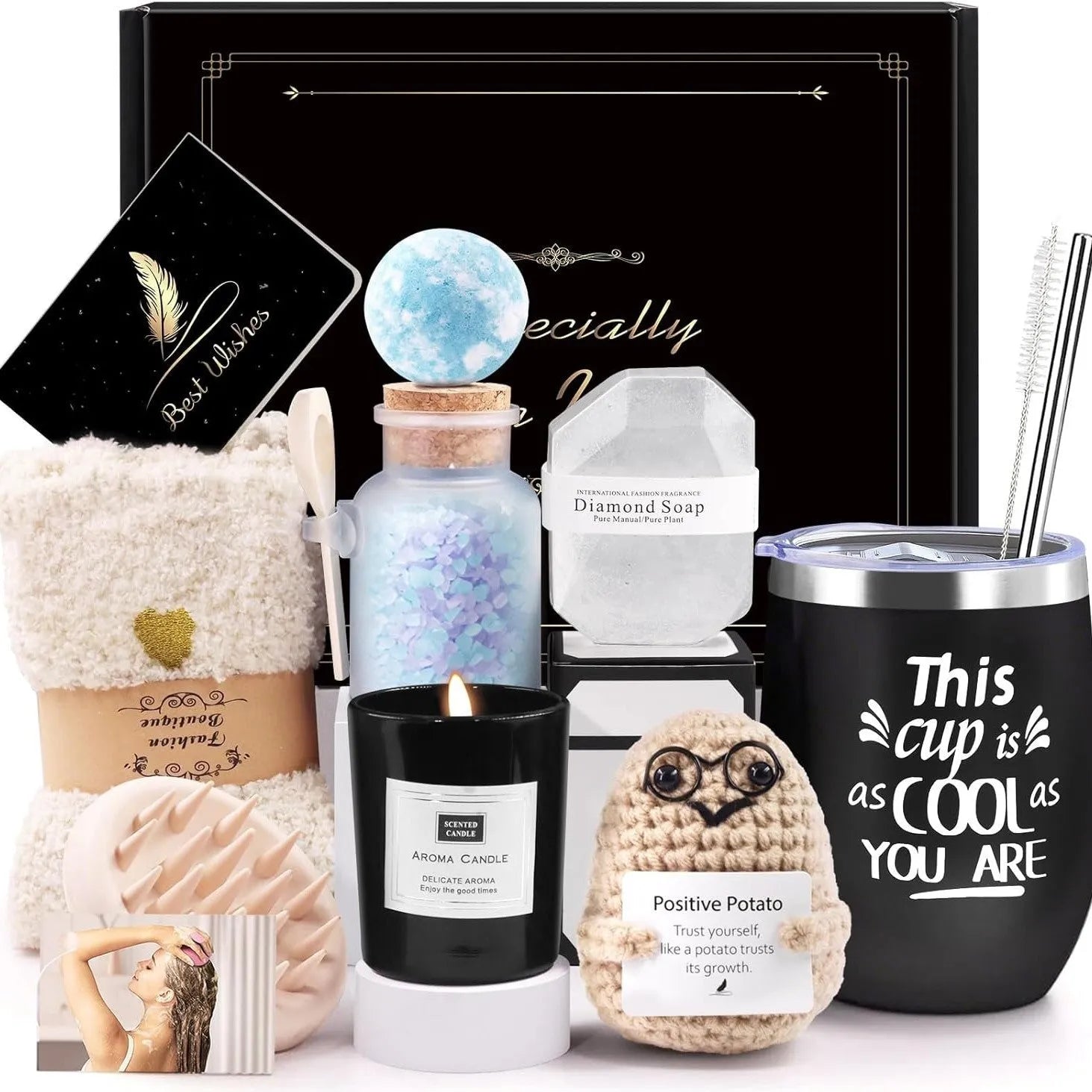 Aromatherapy candle gift box with multiple colour suit options including pink, purple, blue, black, and sunflower designs.