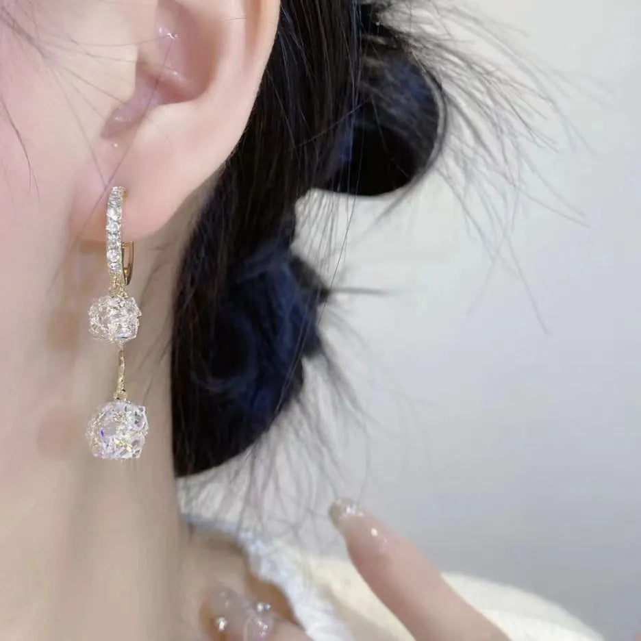 Silver confession balloon and tassel ball double pendant rhinestone drop earrings with ear clip fastening