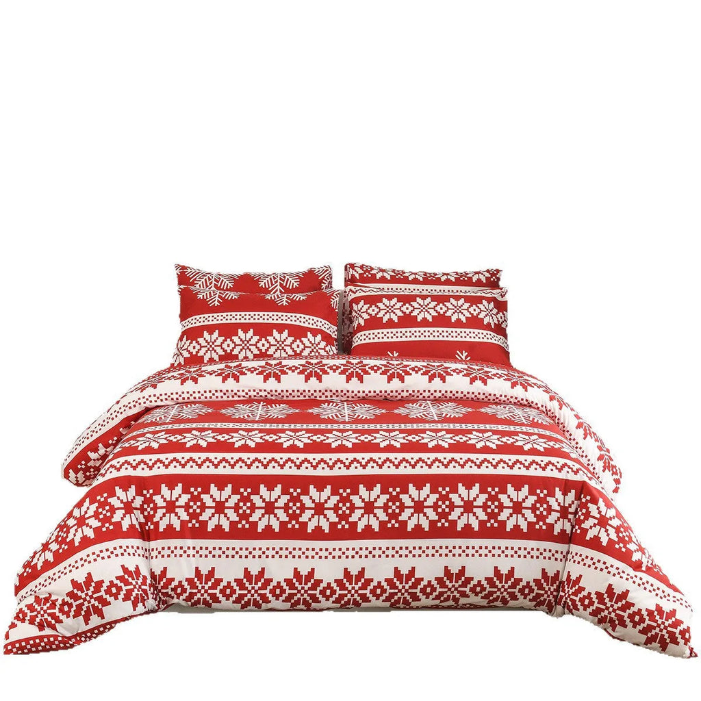 Red winter sleepers pattern bed three-piece set with Christmas Love Song design on chemical fibre fabric